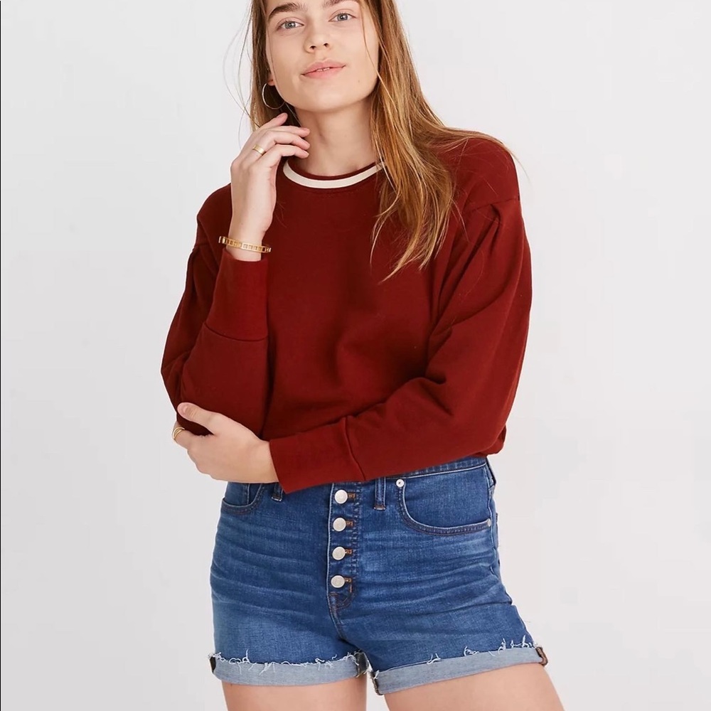 Madewell High-rise denim shorts in derby wash with button fly.